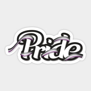 Asexual pride flag colored ribbon wrapped around the letters of the word PRIDE Sticker